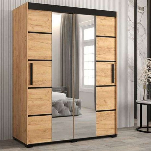 Marston Sliding 2 Door Mirror Strip Design Wardrobe Golden with Black Top - 150cm Width