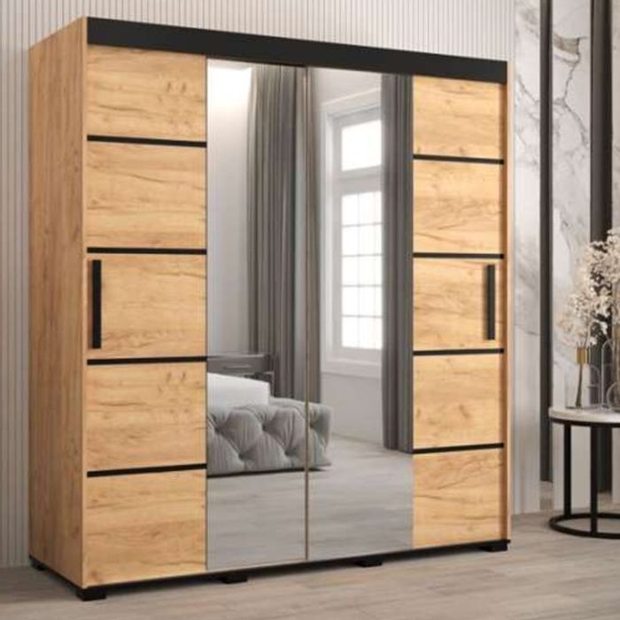 Marston Sliding 2 Door Mirror Strip Design Wardrobe Golden with Black Top - 180cm Width