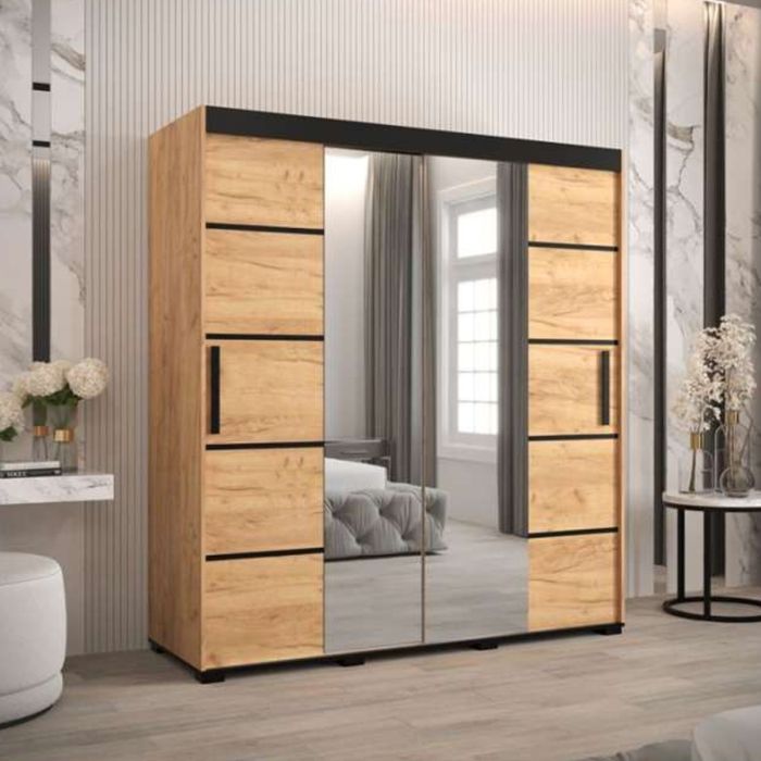 Marston Sliding 2 Door Mirror Strip Design Wardrobe Golden with Black Top - 180cm Width