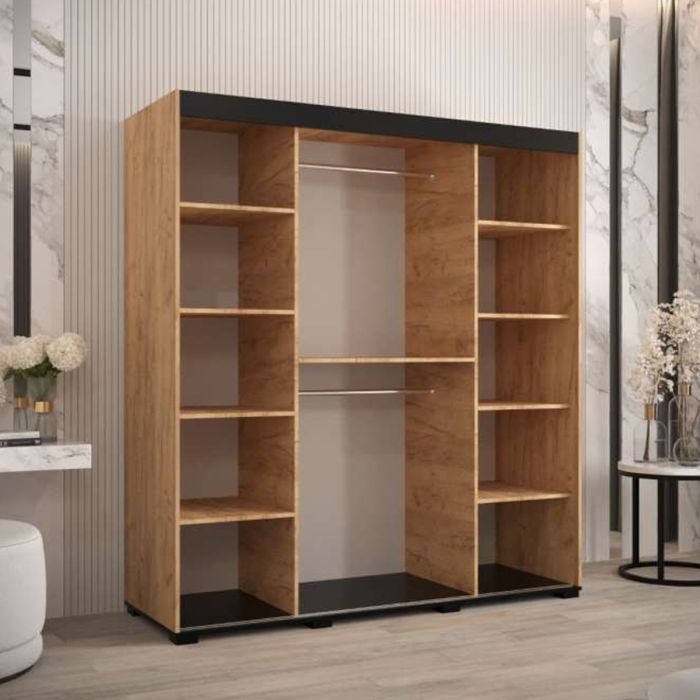 Marston Sliding 2 Door Mirror Strip Design Wardrobe Golden with Black Top - 180cm Width