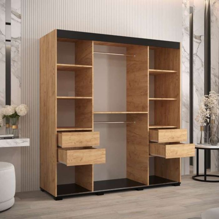 Marston Sliding 2 Door Mirror Strip Design Wardrobe Golden with Black Top - 180cm Width