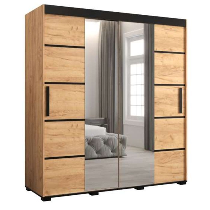 Marston Sliding 2 Door Mirror Strip Design Wardrobe Golden with Black Top - 180cm Width