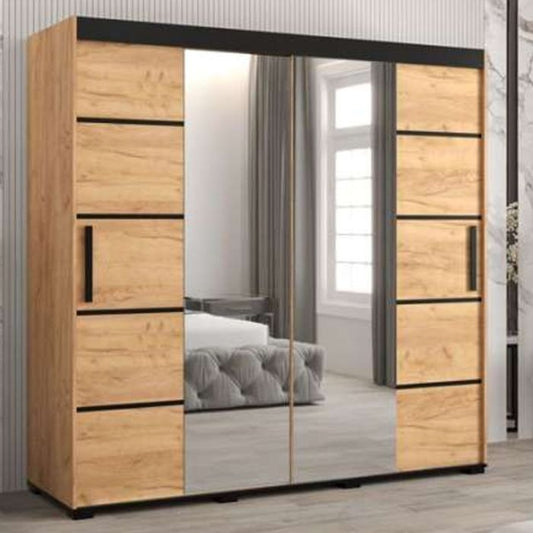 Marston Sliding 2 Door Mirror Strip Design Wardrobe Golden with Black Top - 200cm Width