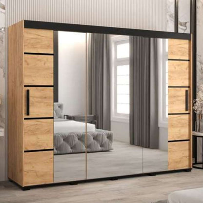 Marston Sliding 3 Door Mirror Strip Design Wardrobe Golden with Black Top - 250cm Width