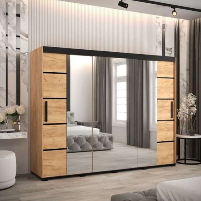 Marston Sliding 3 Door Mirror Strip Design Wardrobe Golden with Black Top - 250cm Width