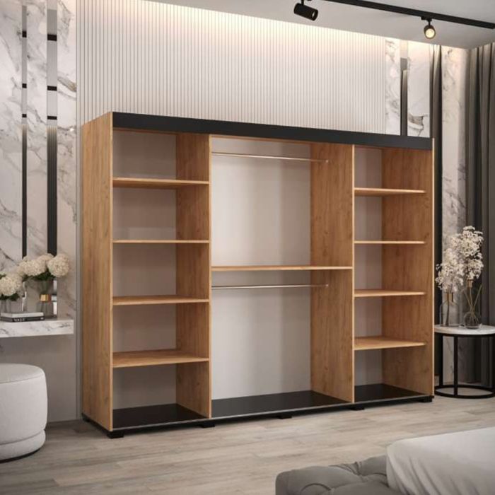 Marston Sliding 3 Door Mirror Strip Design Wardrobe Golden with Black Top - 250cm Width