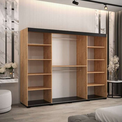 Marston Sliding 3 Door Mirror Strip Design Wardrobe Golden with Black Top - 250cm Width