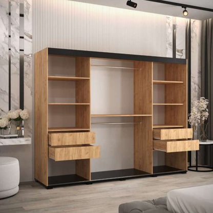 Marston Sliding 3 Door Mirror Strip Design Wardrobe Golden with Black Top - 250cm Width