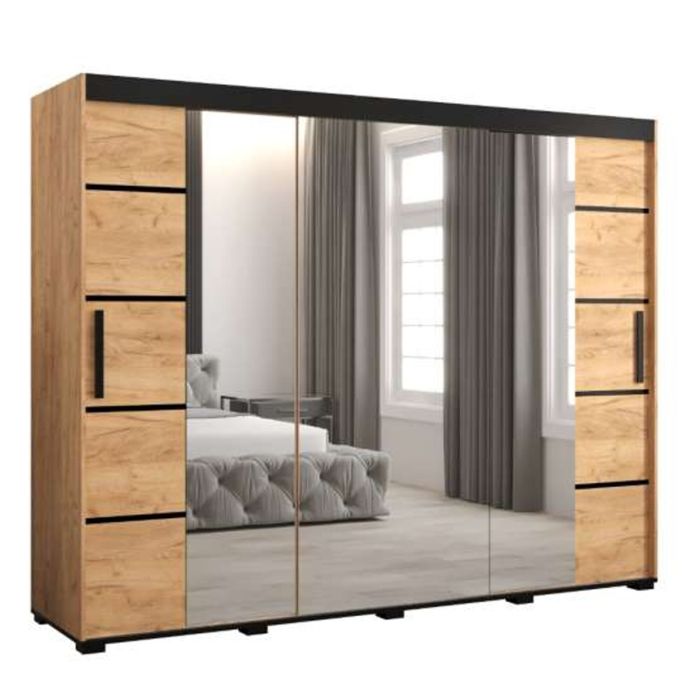 Marston Sliding 3 Door Mirror Strip Design Wardrobe Golden with Black Top - 250cm Width