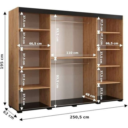 Marston Sliding 3 Door Mirror Strip Design Wardrobe Golden with Black Top - 250cm Width