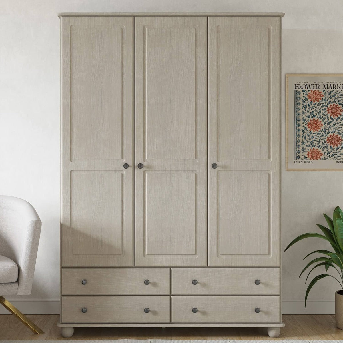 White Wash Pine 3 Door Triple Wardrobe with Drawers - Hampton