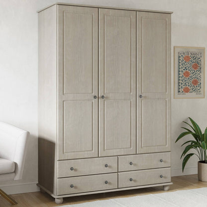 White Wash Pine 3 Door Triple Wardrobe with Drawers - Hampton
