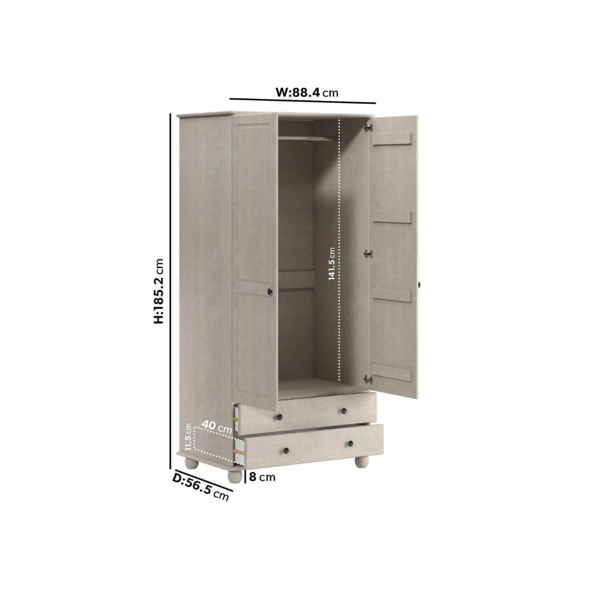 White Wash Pine 3 Door Triple Wardrobe with Drawers - Hampton