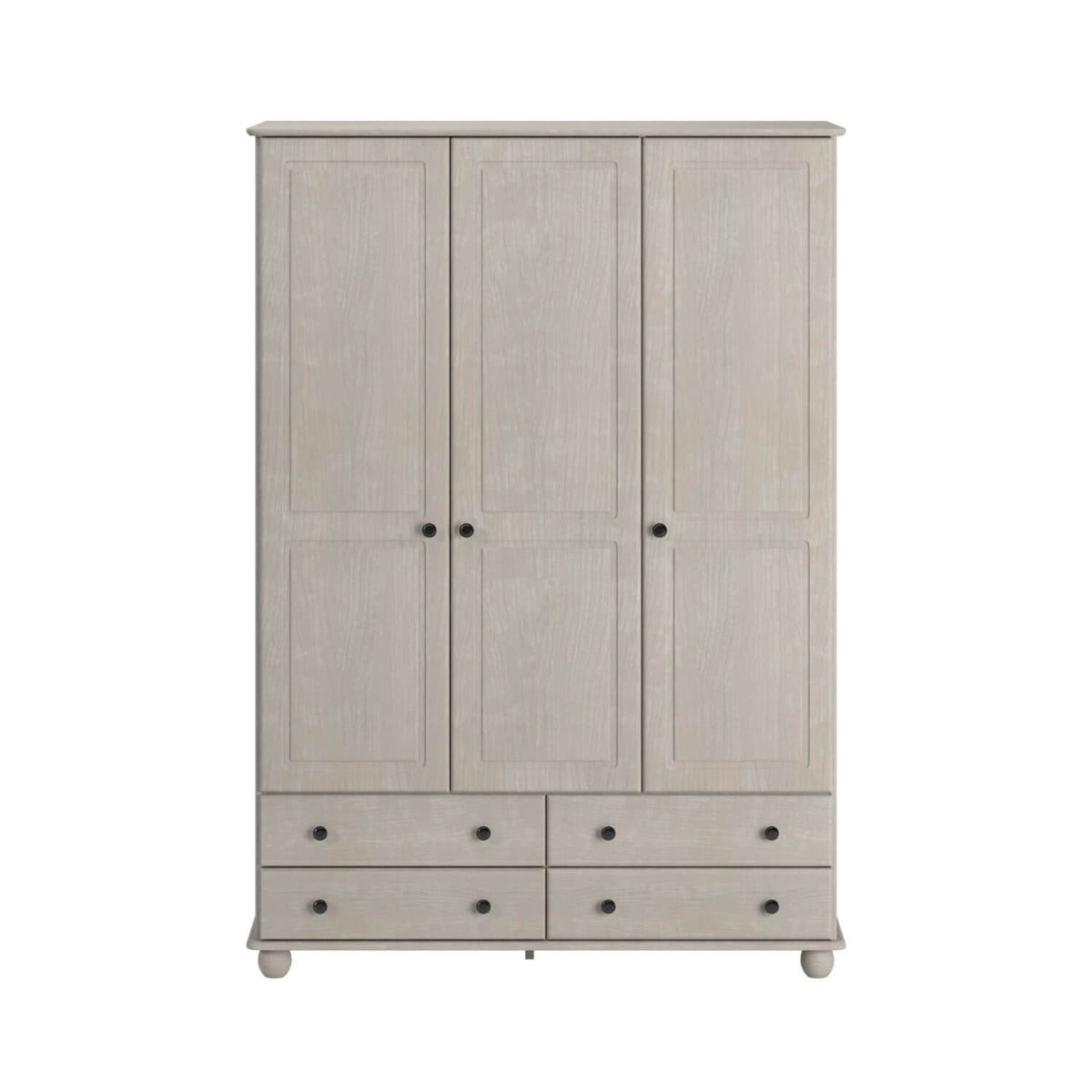 White Wash Pine 3 Door Triple Wardrobe with Drawers - Hampton