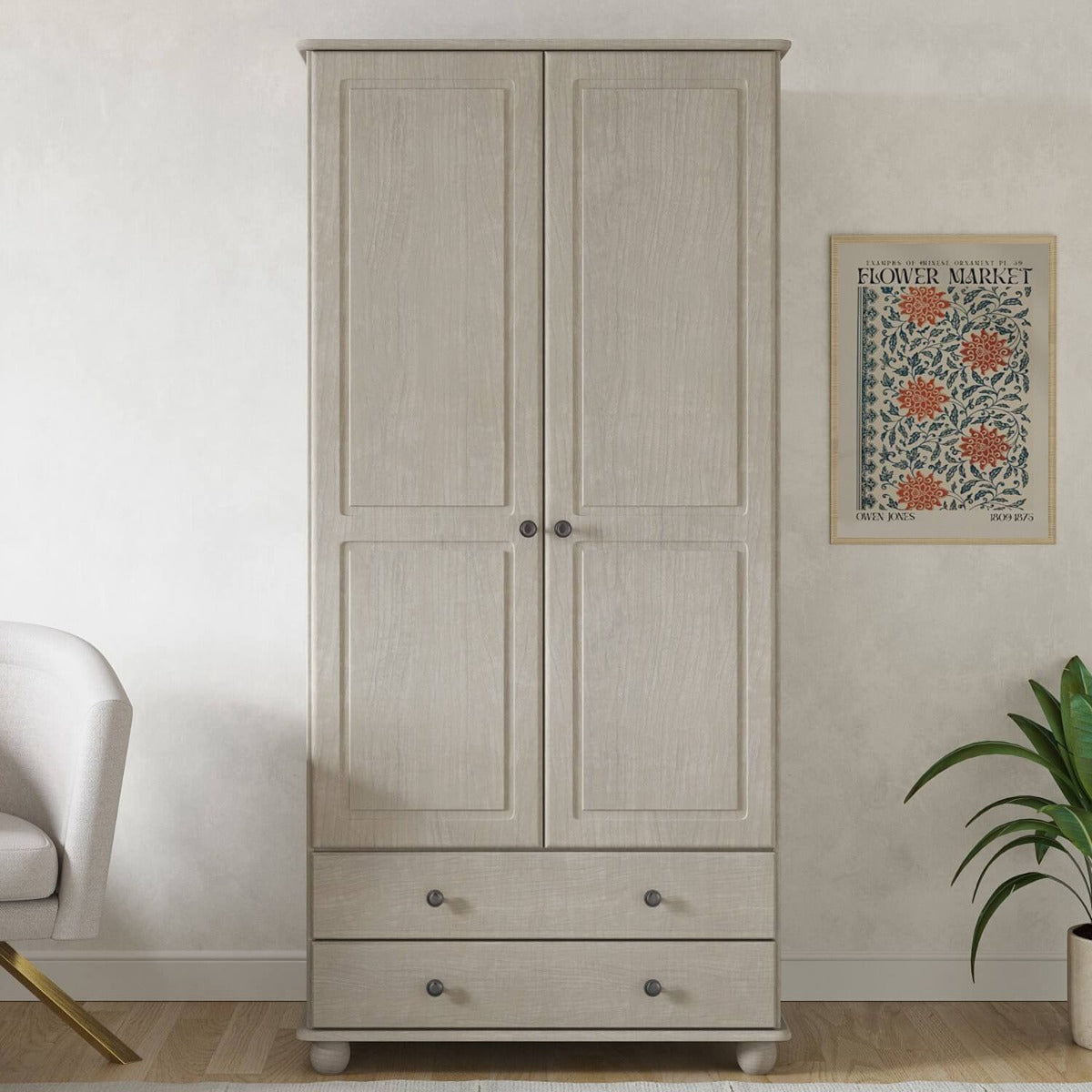 White Wash Pine 2 Door Double Wardrobe with Drawers - Hampton