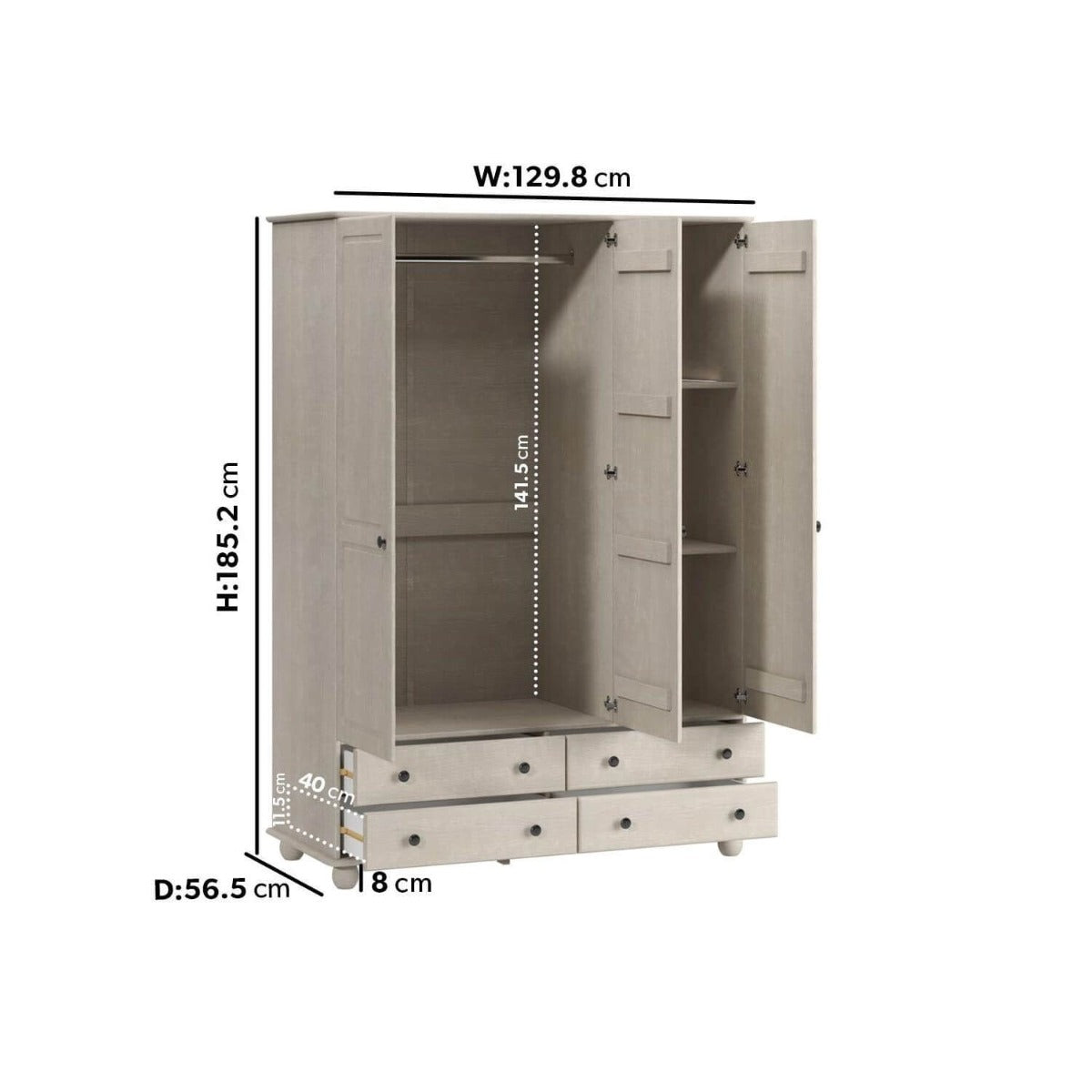 White Wash Pine 2 Door Double Wardrobe with Drawers - Hampton