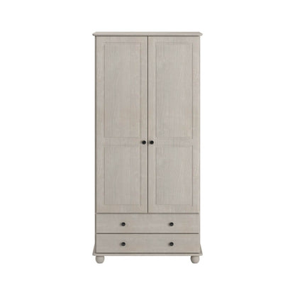 White Wash Pine 2 Door Double Wardrobe with Drawers - Hampton