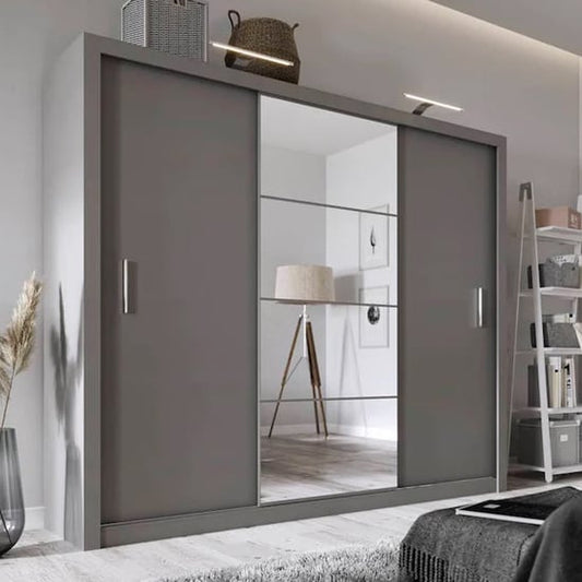 Ionia Wooden Wardrobe With Mirrored Sliding Door In Matt Grey