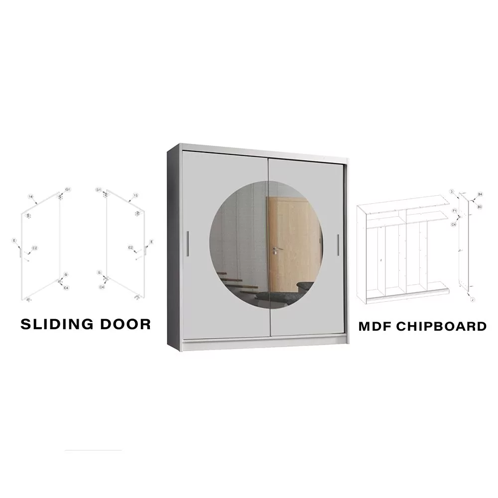 FURCO | Moon Sliding 2 Door Wardrobe | Crisp White | Available in 150/203 cm | Sleek & Functional