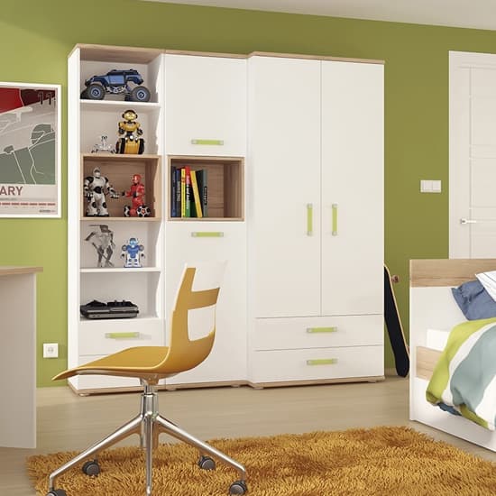 Kaas Wooden Wardrobe In White High Gloss And Oak