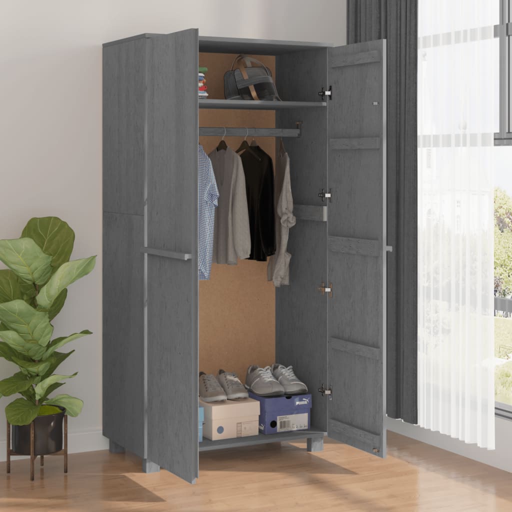 Kathy Solid Pinewood Wardrobe With 2 Doors In Dark Grey