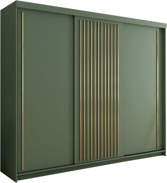 FURCO Kesteven 250cm Opulent Green 3 Door Sliding Wardrobe with Gold Accents - Exquisite Design