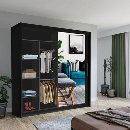 Keynes Black Single Mirrored Sliding 2 Door Wardrobe - 150cm 203cm