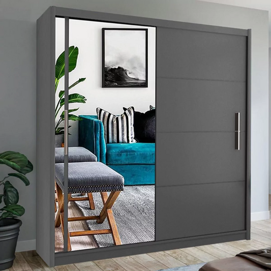 Keynes Grey Single Mirrored Sliding 2 Door Wardrobe - 150cm and 203cm