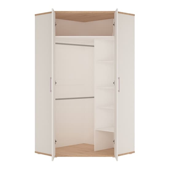 Kroft Wooden Corner Wardrobe In White High Gloss And Oak