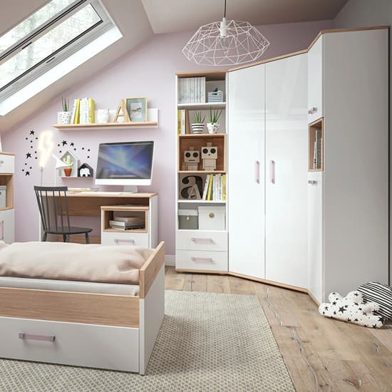 Kroft Wooden Corner Wardrobe In White High Gloss And Oak