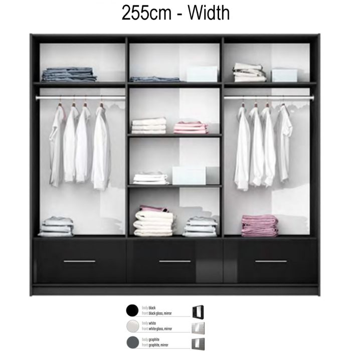 Warrington Sliding Bedroom Set Large 250cm Wardrobe, Bedside and Chest - White