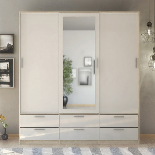 Liston Mirrored Sliding 3 Doors Wardrobe In Oak And White Gloss