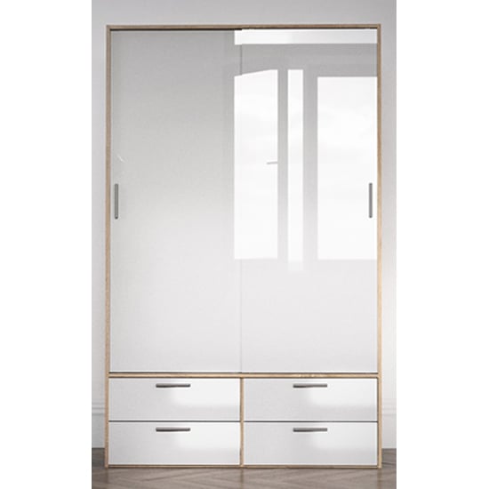 Liston Wooden Sliding 2 Doors Wardrobe In Oak And White High Gloss