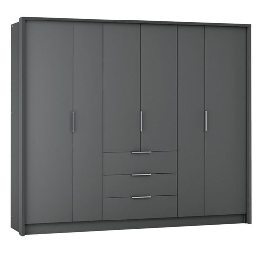 FURCO | Stafford Large 6 Door Wardrobe | 255 cm with 3 Drawers | Sophisticated Graphite Grey | Spacious & Elegant Storage