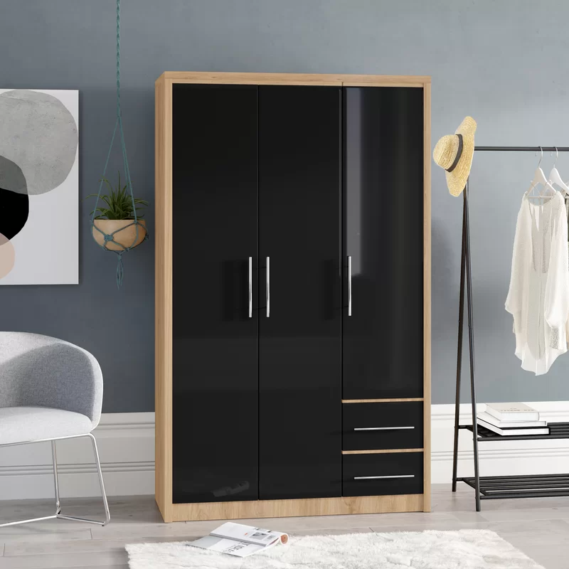 Samaira Wardrobe In Black High Gloss And Light Oak With 3 Doors