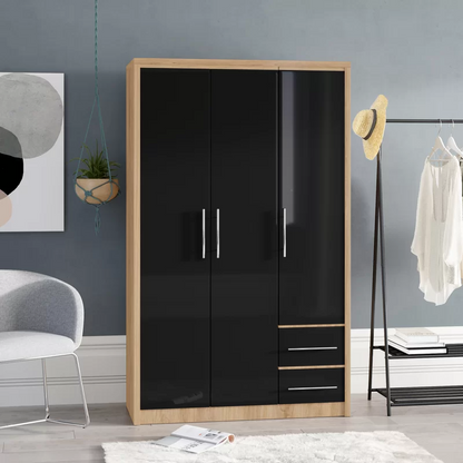 Samaira Wardrobe In Black High Gloss And Light Oak With 3 Doors