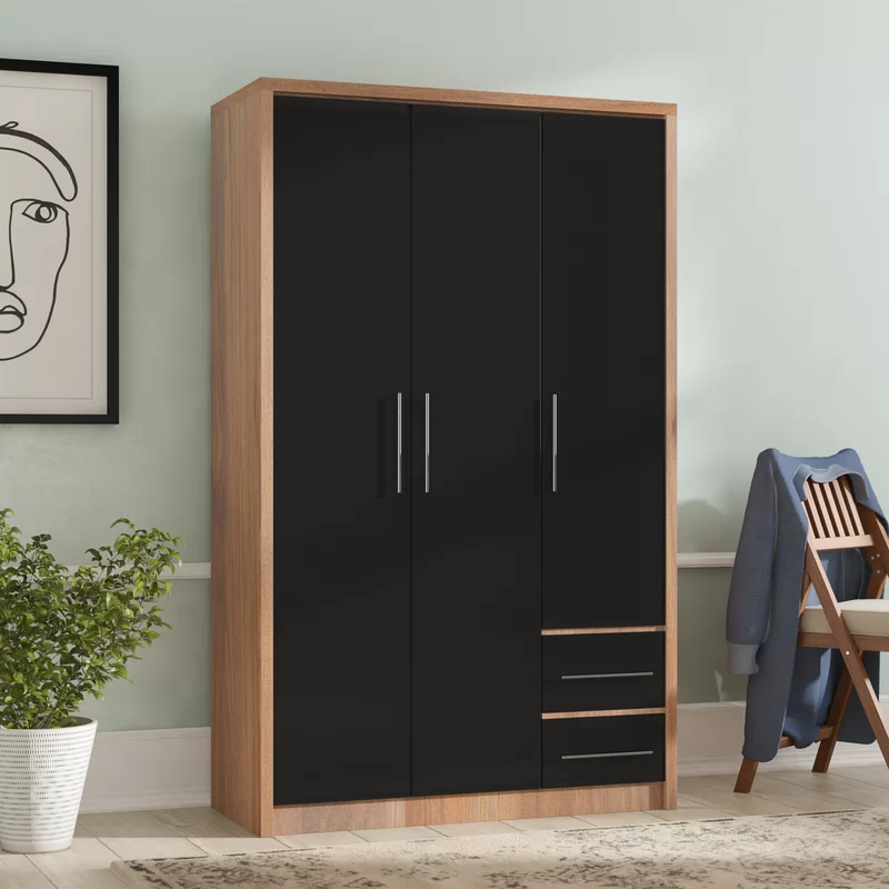 Samaira Wardrobe In Black High Gloss And Light Oak With 3 Doors