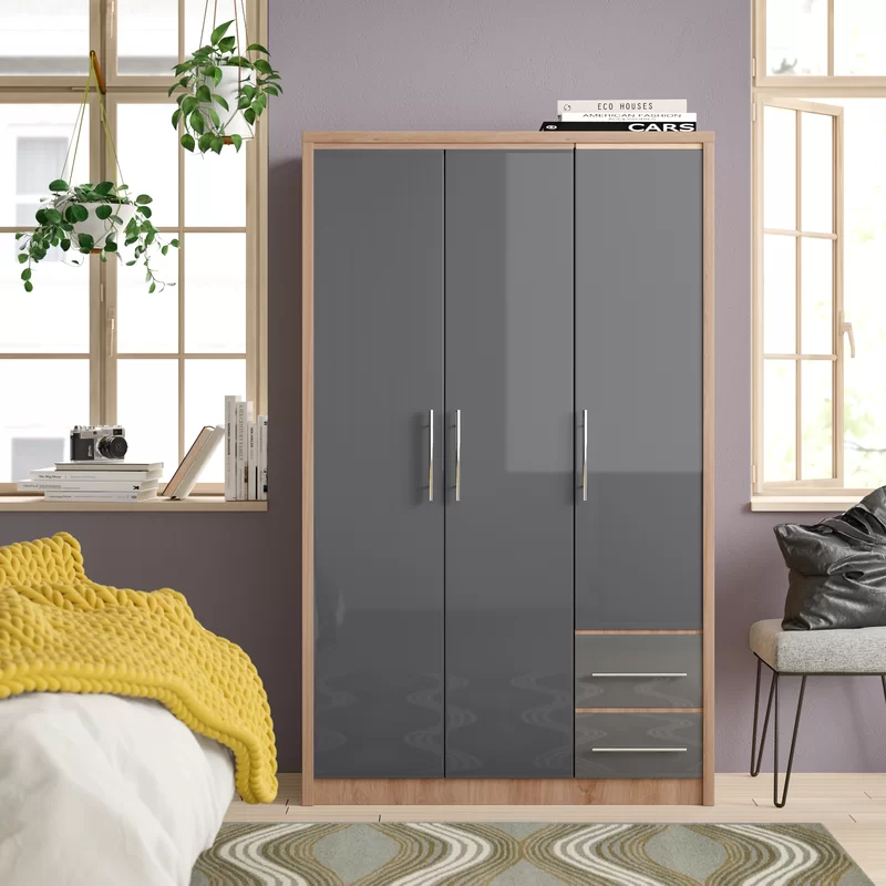 Samaira Wardrobe In Grey High Gloss And Light Oak With 3 Doors