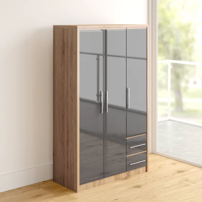Samaira Wardrobe In Grey High Gloss And Light Oak With 3 Doors