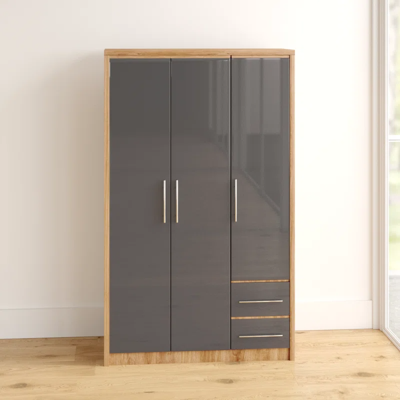 Samaira Wardrobe In Grey High Gloss And Light Oak With 3 Doors