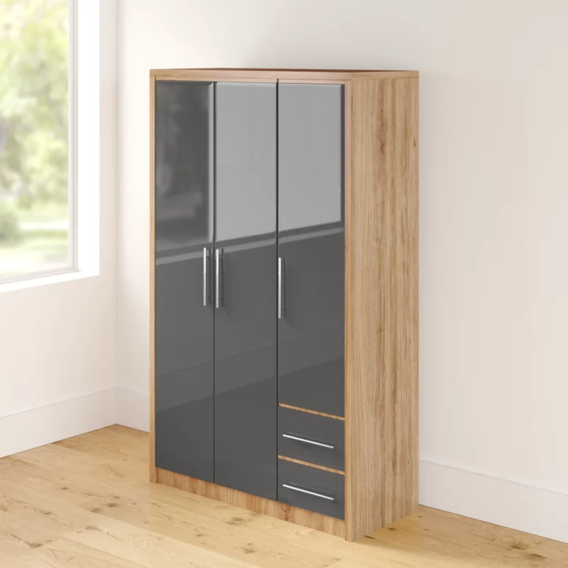 Samaira Wardrobe In Grey High Gloss And Light Oak With 3 Doors