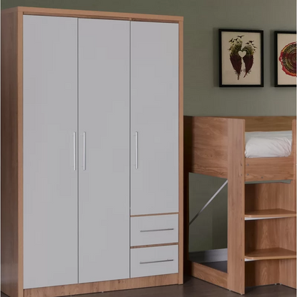 Samaira Wardrobe In White High Gloss And Light Oak With 3 Doors