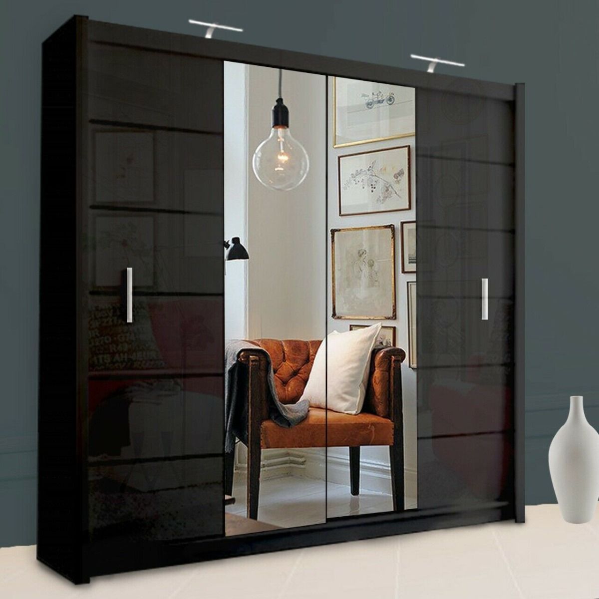 FURCO Luciana Black High Gloss Sliding 2 Door Wardrobe - Contemporary in All Sizes