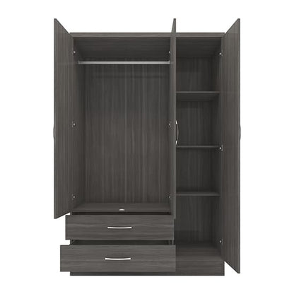 Mack Mirrored Wardrobe With 3 Door 2 Drawer In Black Wood Grain