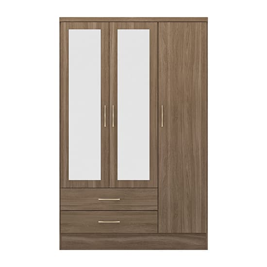 Mack Mirrored Wardrobe With 3 Door 2 Drawer In Rustic Oak Effect