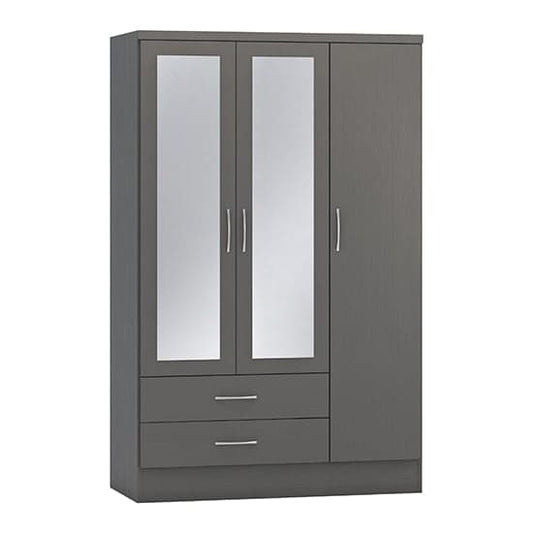 Mack Mirrored Wardrobe With 3 Doors 2 Drawers In 3D Effect Grey