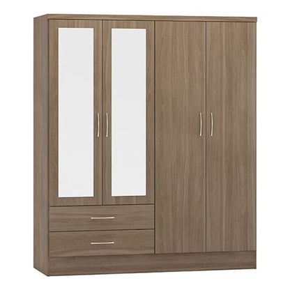 Mack Mirrored Wardrobe With 4 Door 2 Drawer In Rustic Oak Effect