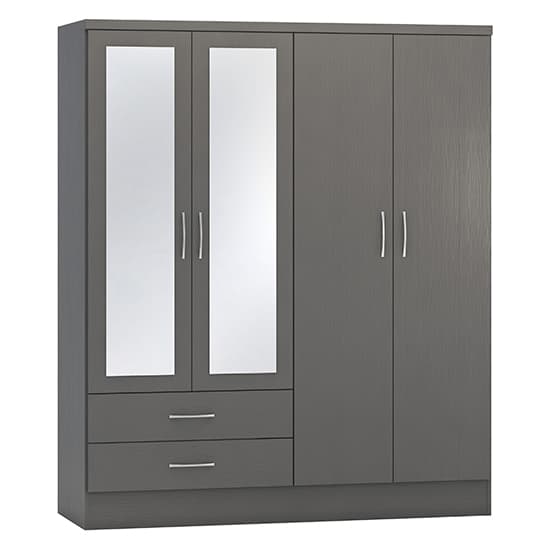 Mack Mirrored Wardrobe With 4 Doors 2 Drawers In 3D Effect Grey