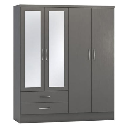 Mack Mirrored Wardrobe With 4 Doors 2 Drawers In 3D Effect Grey