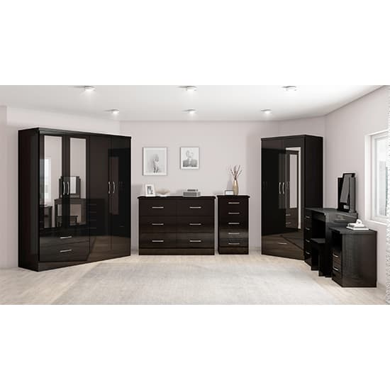 Mack Mirrored Gloss Wardrobe With 4 Doors 2 Drawers In Black